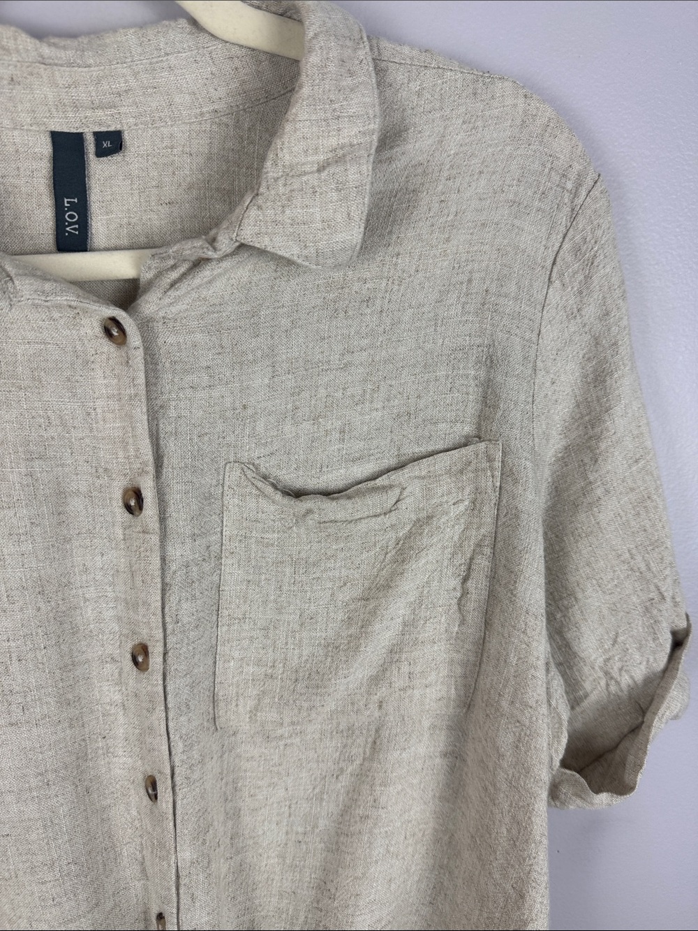 L.O.V. Neutral Linen Viscose Blend Tie Front Button Down Short Sleeve Shirt XL - Picture 6 of 10
